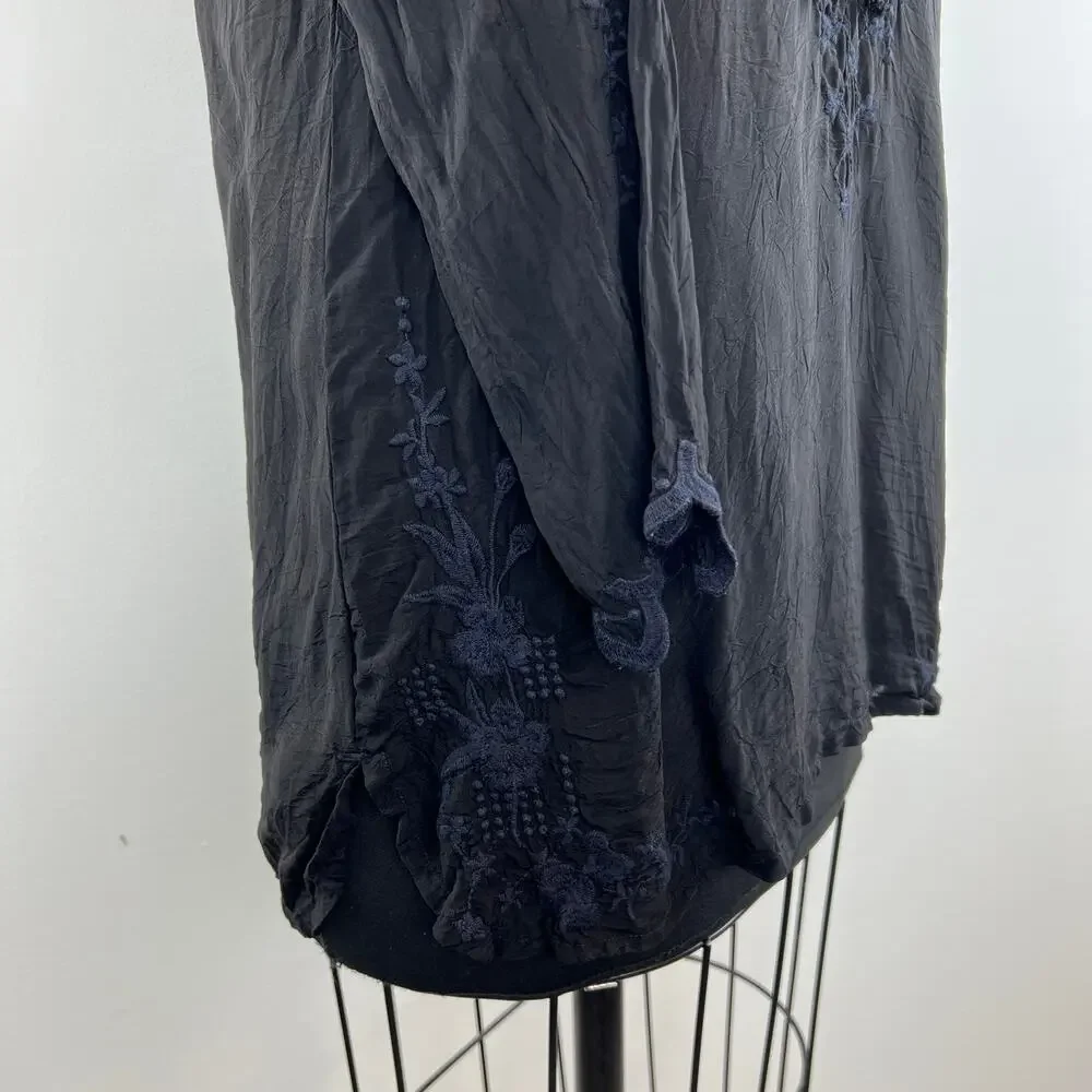 Johnny Was Black Butterfly Winter Tunic Embroidered Floral Tie Neck Women Top XS